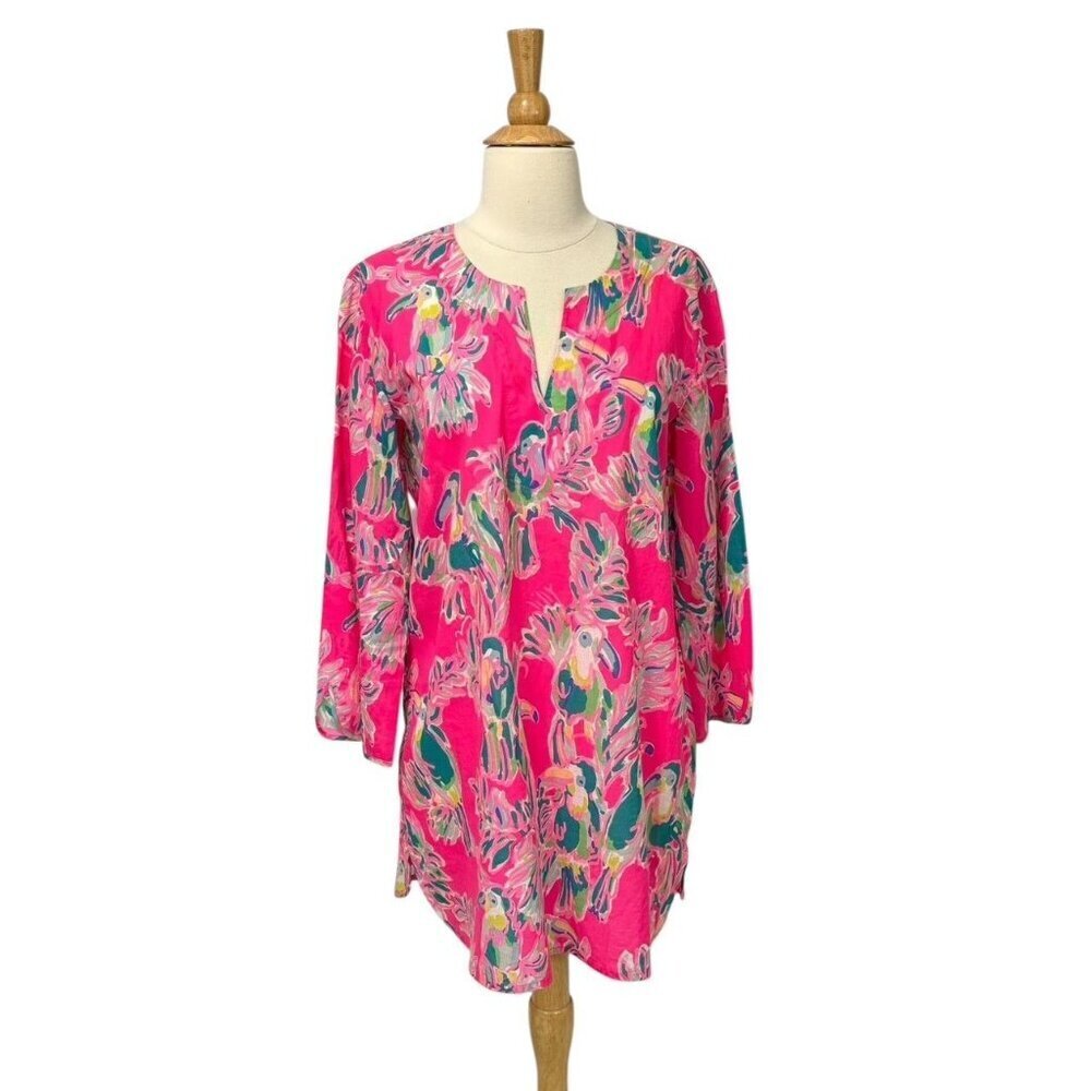 Lilly Pulitzer Tunic Dress Pink 3/4 Sleeve Toucan Tropical 100% Cotton Size S